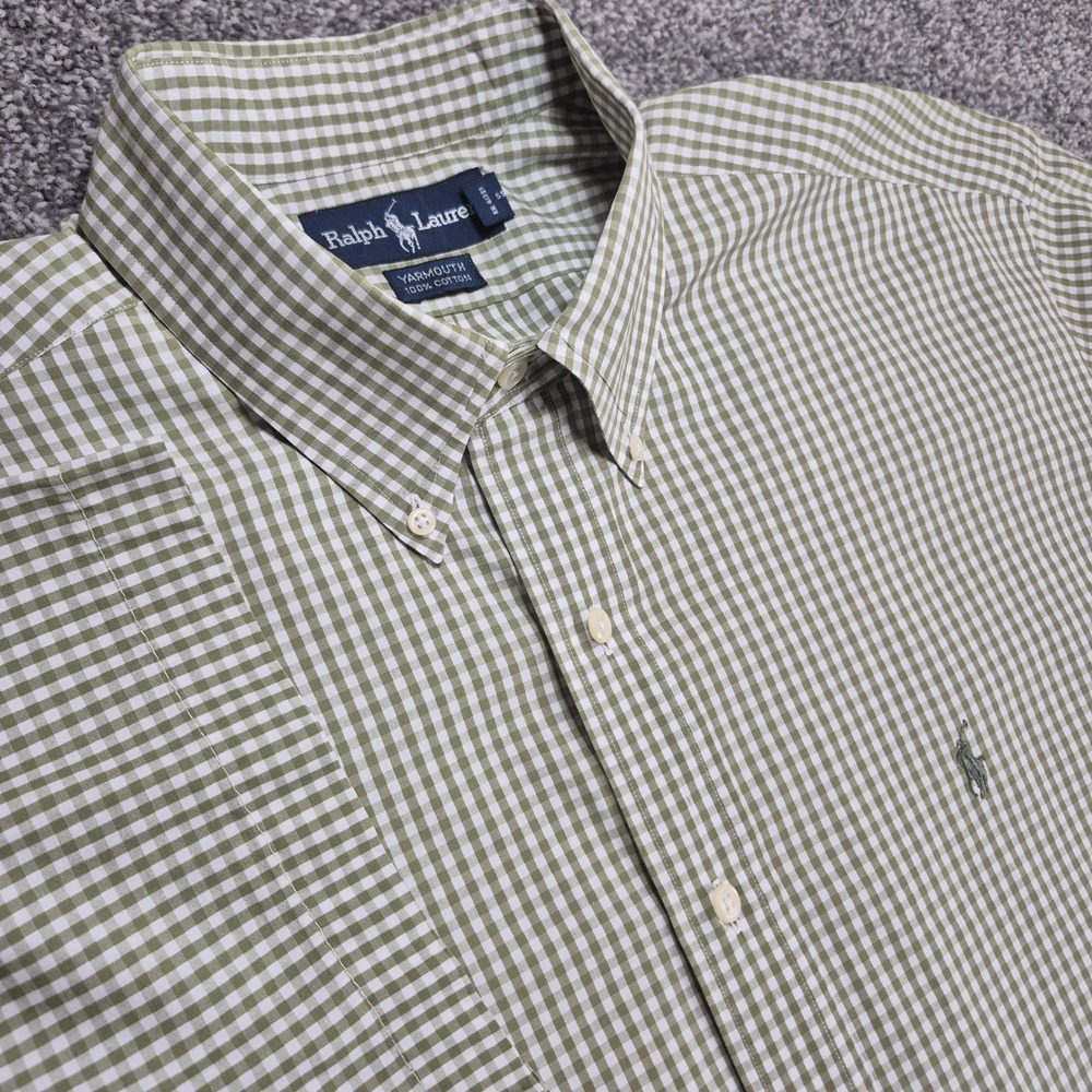 Ralph Lauren Short Sleeve Gingham Shirt Mens 17 Green Cotton Yarmouth Button - Picture 1 of 7